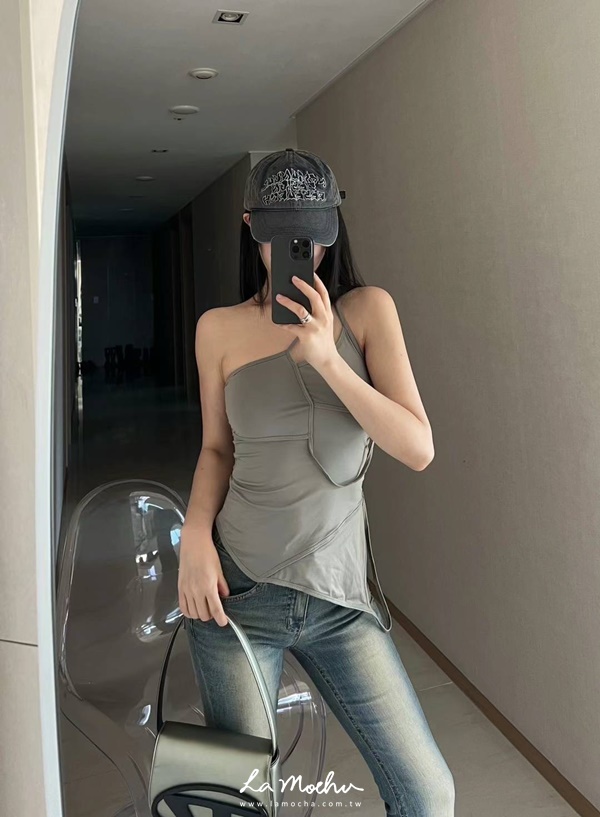 後綁帶單邊露肩不規則上衣